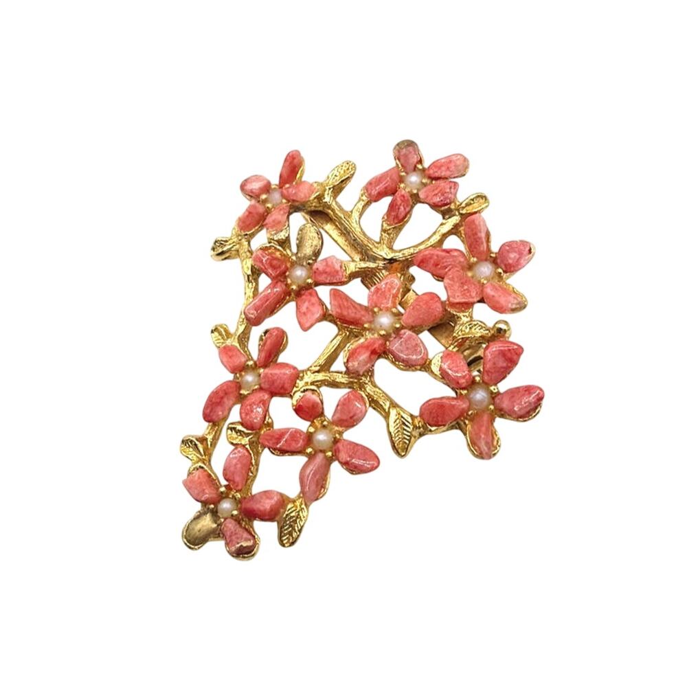 Salmon Coral Flower Bouquet Vintage Brooch 2”